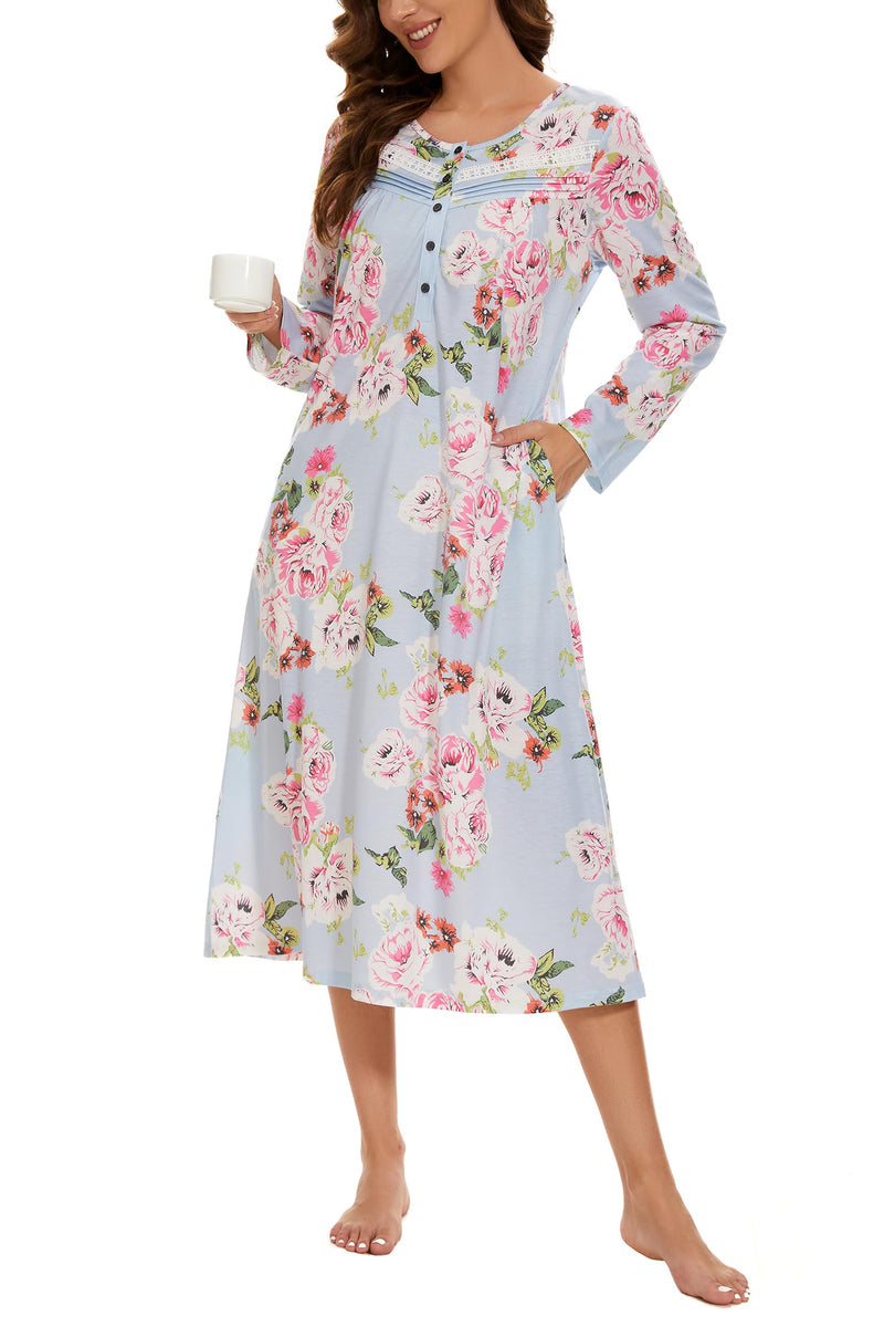 YOZLY Nightgowns for Women Soft Cotton Long Sleeve Night Gwon with Pockets-19