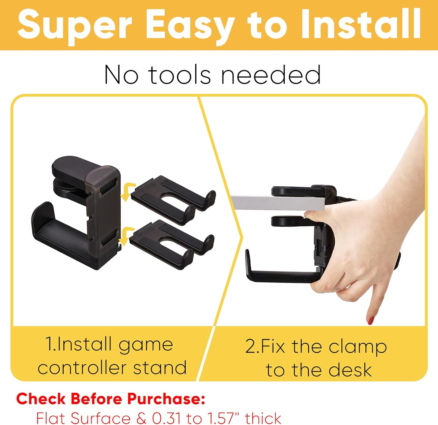 3 in 1 Under Desk Headphone Hanger with Adjustable Clamp Mount, 2 Controller Slots & 1 Headset Universal Holder Stand, Rotatable Hook Rack & Cable Organizer, for Home Gaming Xbox ps5 - Black