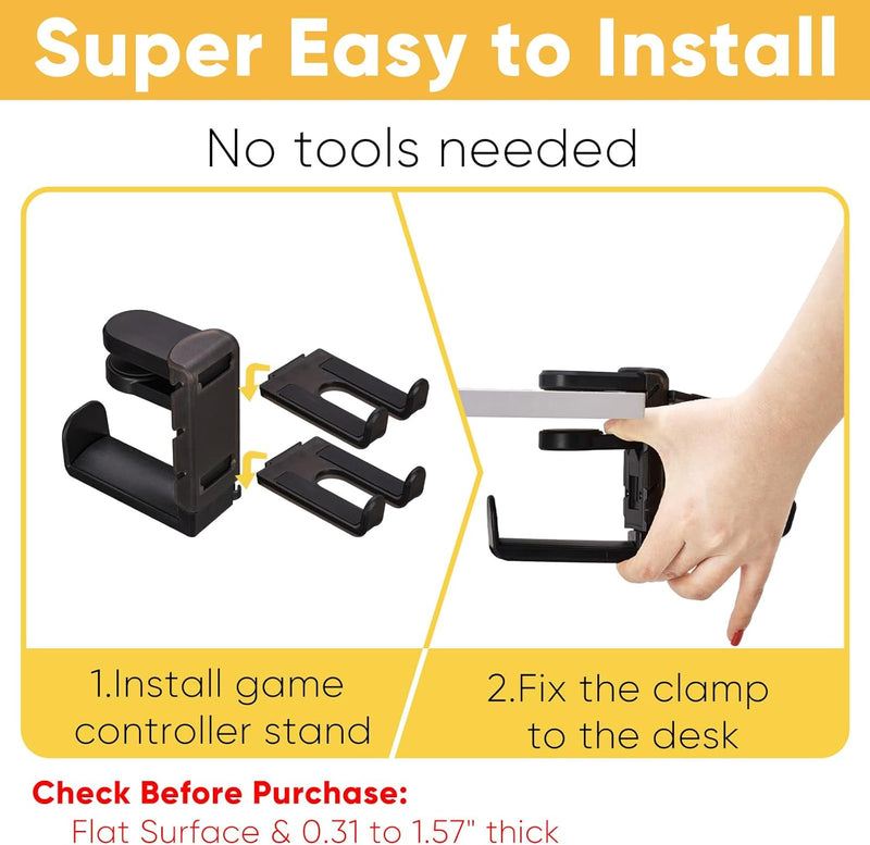 3 in 1 Under Desk Headphone Hanger with Adjustable Clamp Mount, 2 Controller Slots & 1 Headset Universal Holder Stand, Rotatable Hook Rack & Cable Organizer, for Home Gaming Xbox ps5 - Black
