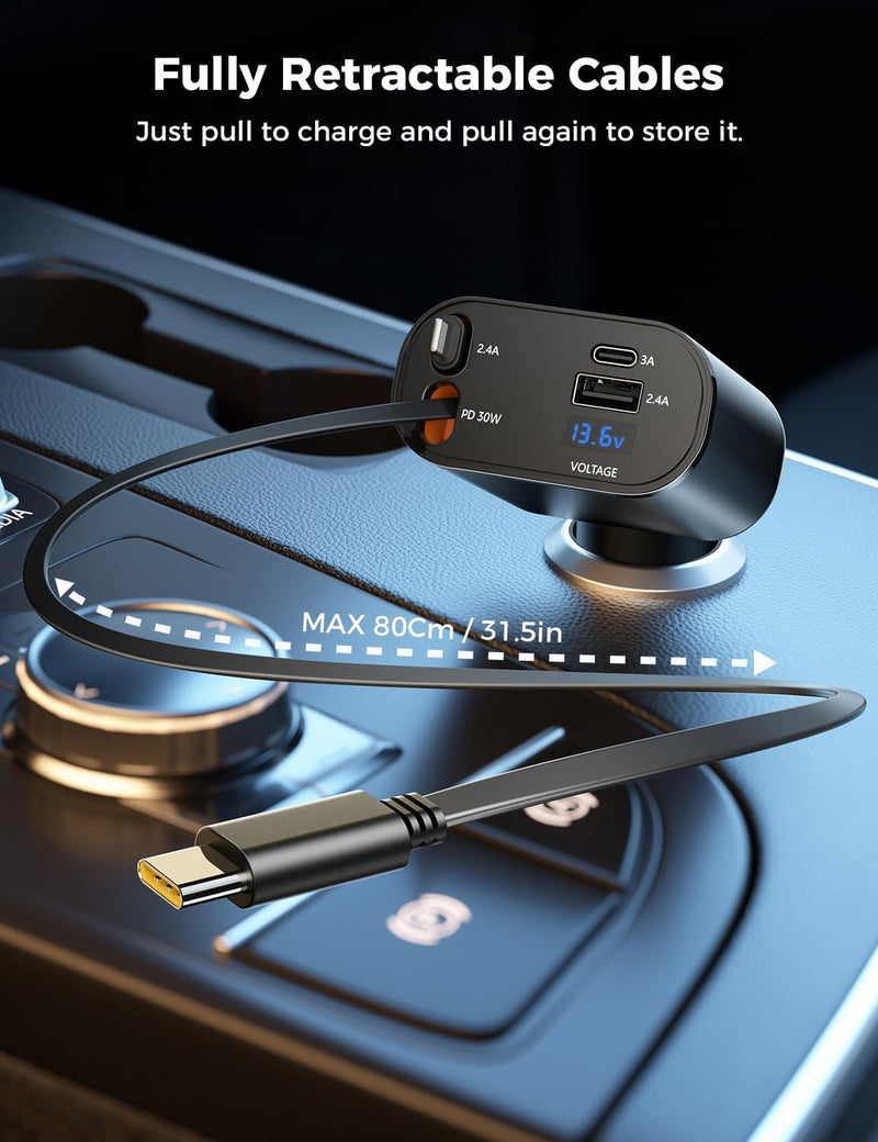 [Upgraded] SUPERONE Retractable Car Charger 4 in 1, Fast Car Phone Charger with Cord 2.6ft, USB C and Apple Car Adapter, Compatible with iPhone 17 16 15/15 Pro Max/14/13/12/11, Galaxy, Pixel