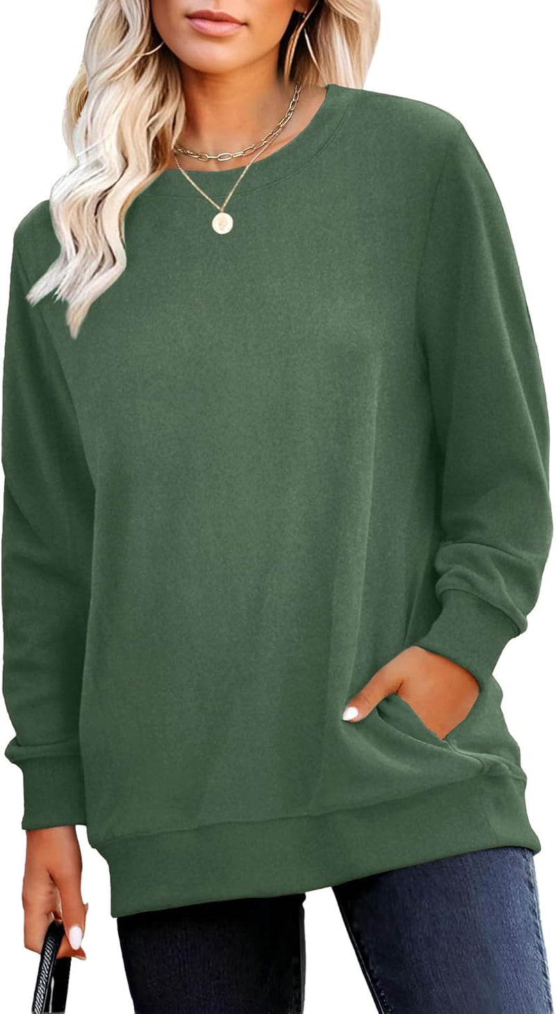 RUMIA Crewneck Fall Sweatshirts for Women Trendy- Women's Plain Long Sleeve Pullover Tops with Pockets Fashion-9
