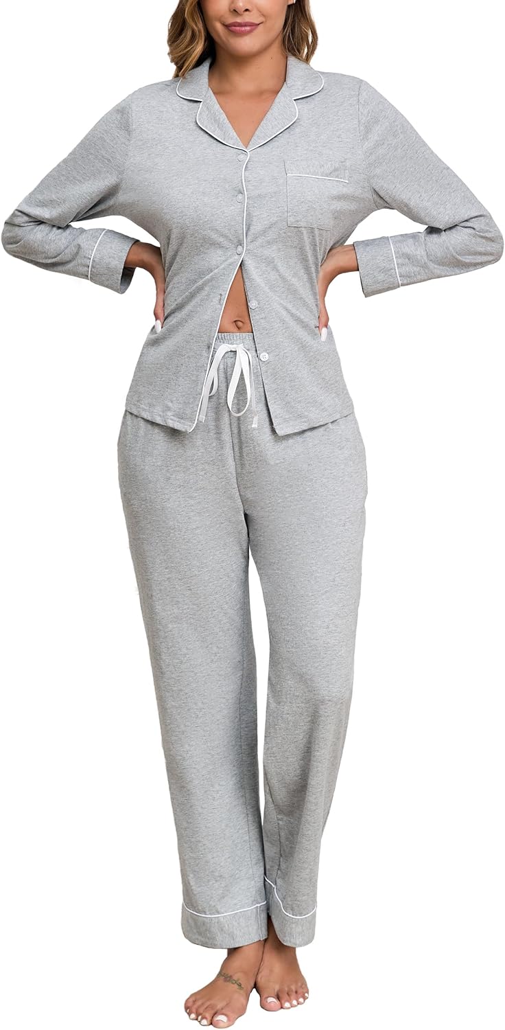 Veseacky 100% Cotton Pajamas for Women Set Long Sleeve Button Down Sleepwear Soft Pjs Lounge Sets with Pockets XS-XXL-56