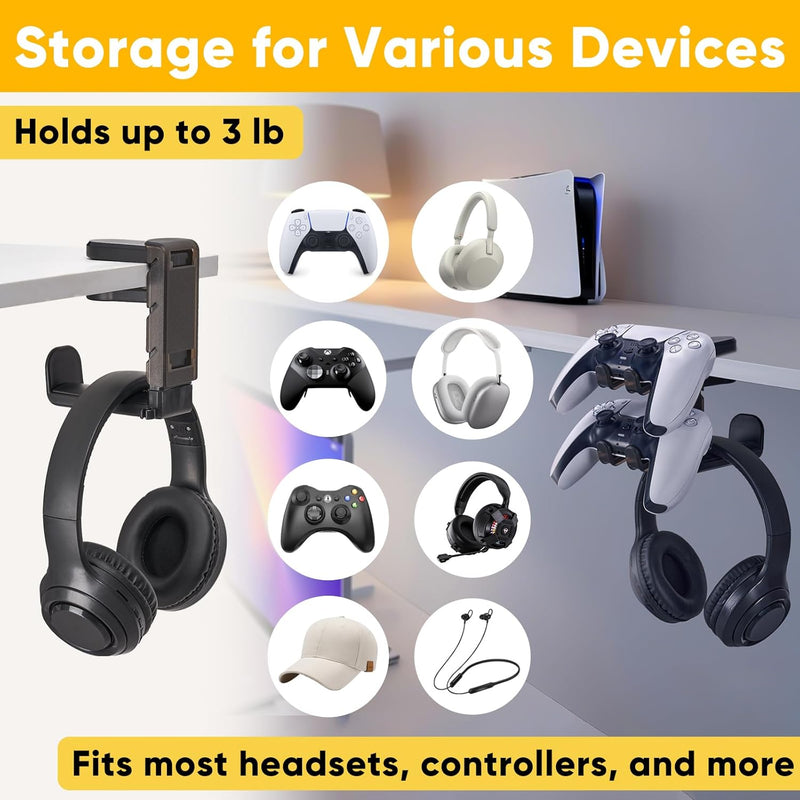 3 in 1 Under Desk Headphone Hanger with Adjustable Clamp Mount, 2 Controller Slots & 1 Headset Universal Holder Stand, Rotatable Hook Rack & Cable Organizer, for Home Gaming Xbox ps5 - Black