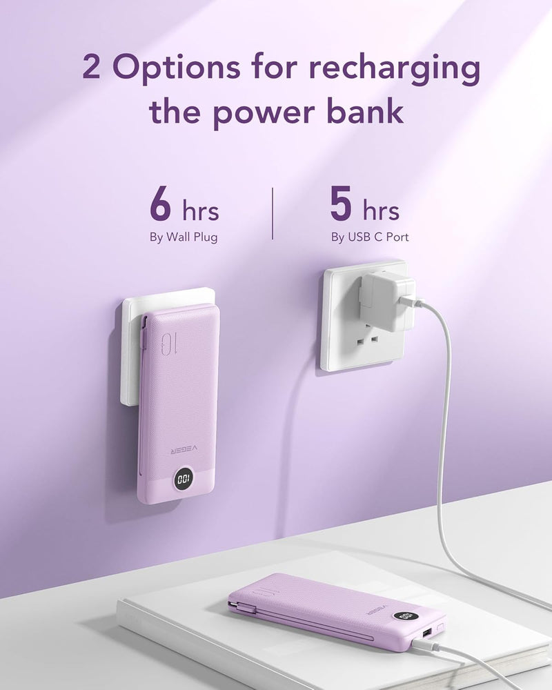 VEGER Portable Charger with Built-in AC Plug and Cables, All in One 10000mAh Ultra Slim Power Bank Travel Essentials, Fast Charging Battery Pack Compatible with iPhone, Samsung, Android (Purple)