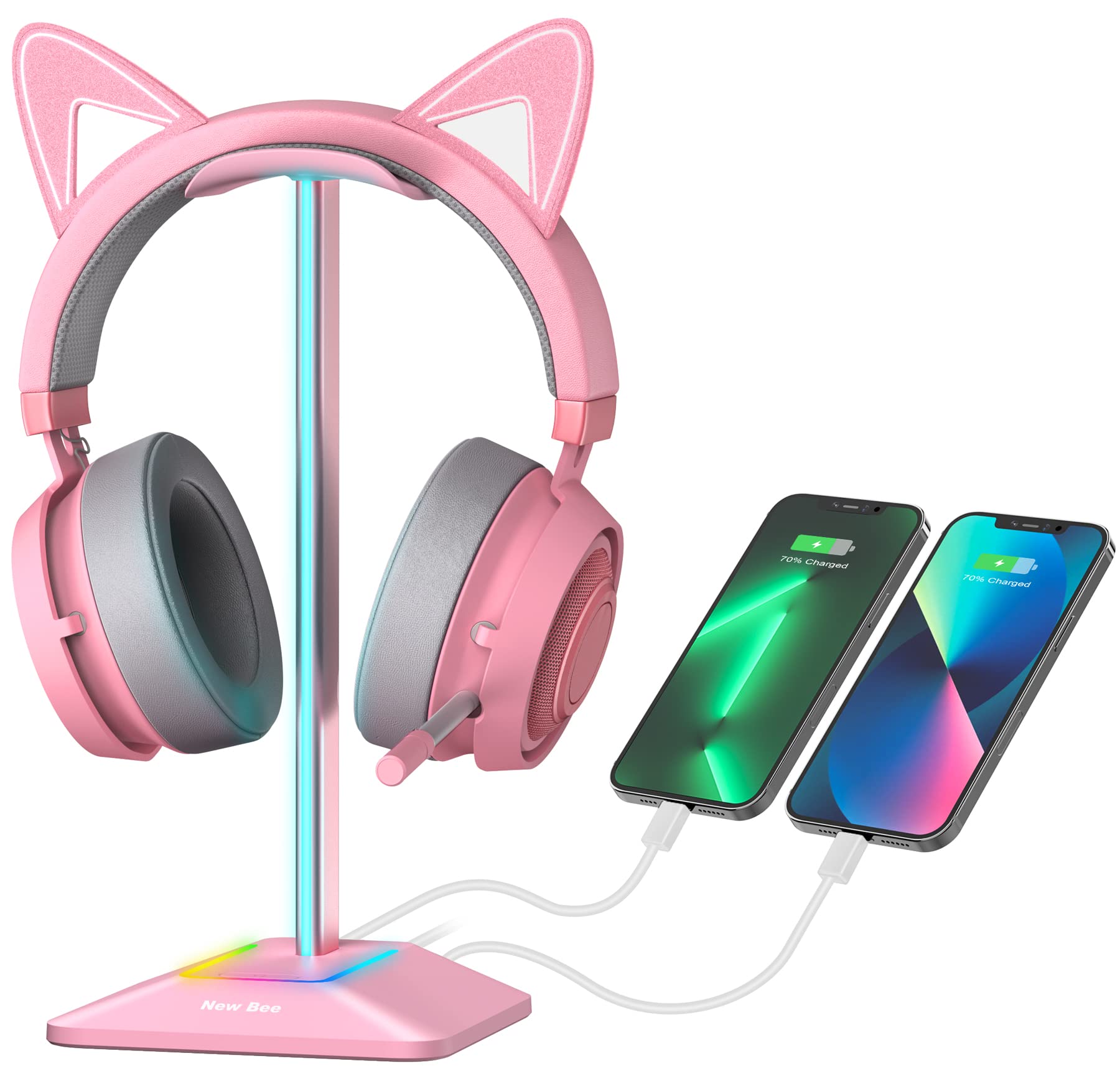 New bee RGB Headphone Stand with 1 USB-C Charging Port and 1 USB Charging Port, Desk Gaming Headset Stand with 7 Light Modes for All Earphone Accessories (Black)