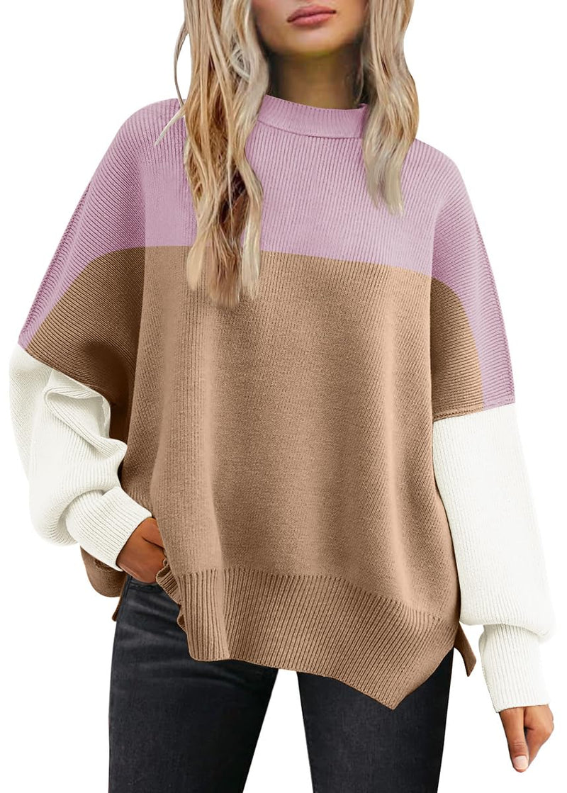 LILLUSORY Women's Oversized Batwing Sweaters 2025 Fall Outfits Trendy Crewneck Knit Side Slit Fashion Pullover Tops-24