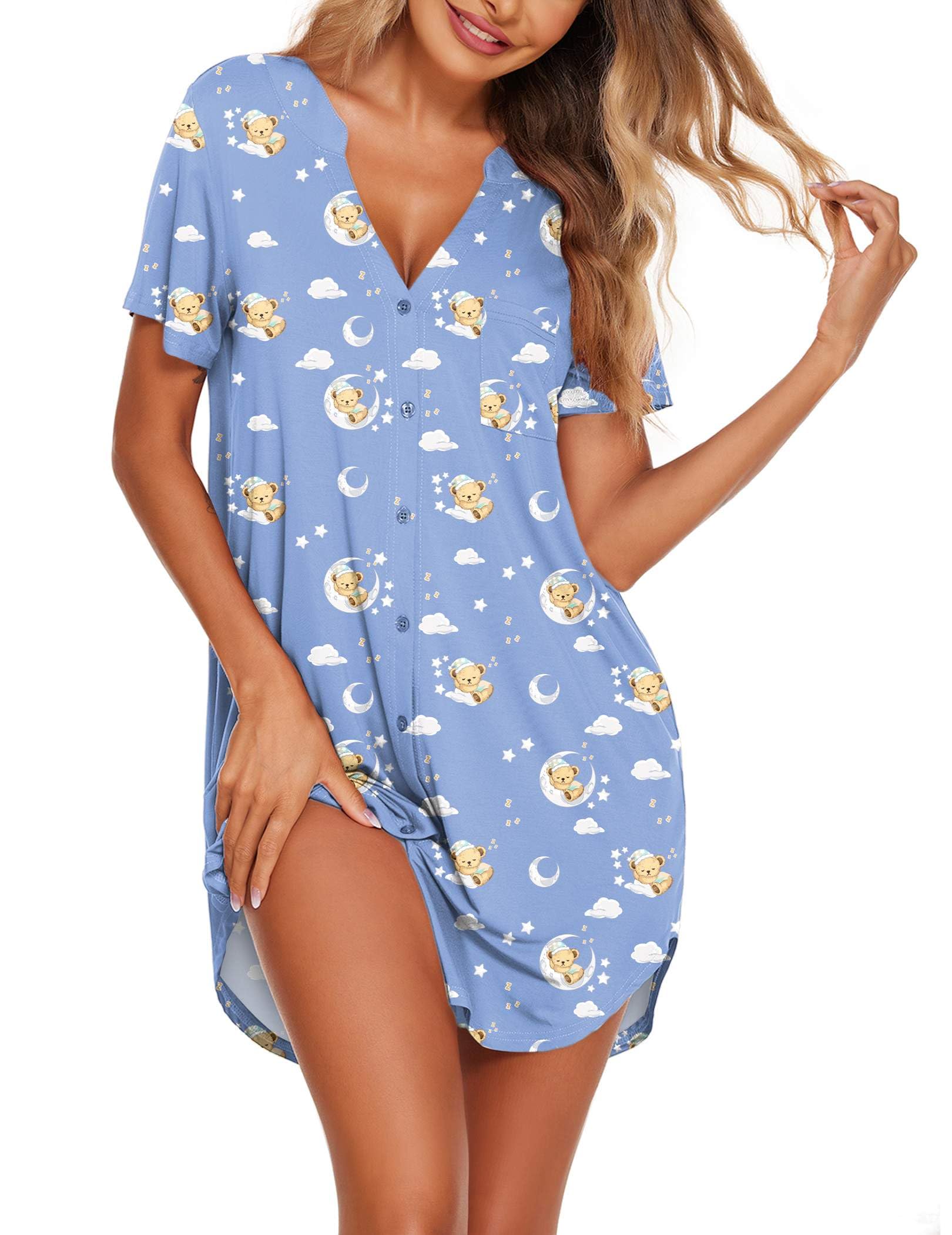 Ekouaer Women V Neck Button Down Nightgown-38