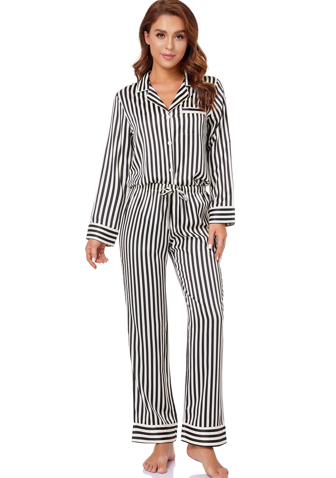 Women's Satin Pajama Set Long Sleeve Button Down Sleepwear 2-Piece Silky Pj Set-85