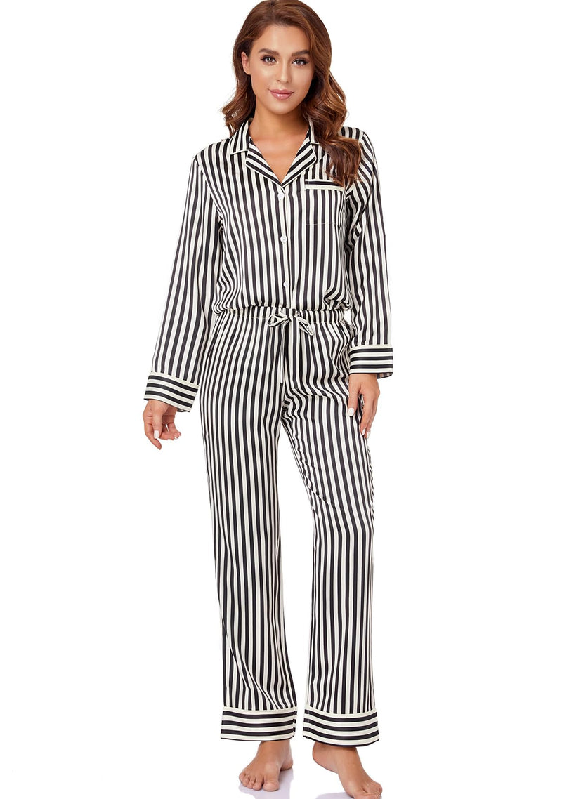 Women's Satin Pajama Set Long Sleeve Button Down Sleepwear 2-Piece Silky Pj Set-94
