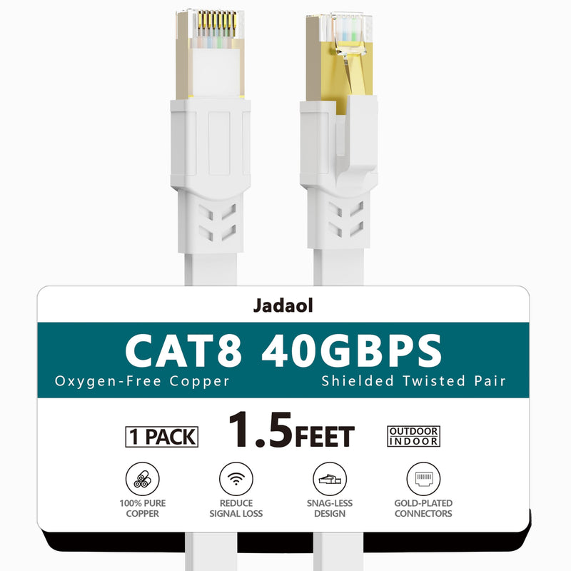 Jadaol Cat8 Ethernet Cable 100ft 40Gbps 2000MHz Flat S/FTP LAN Cable White