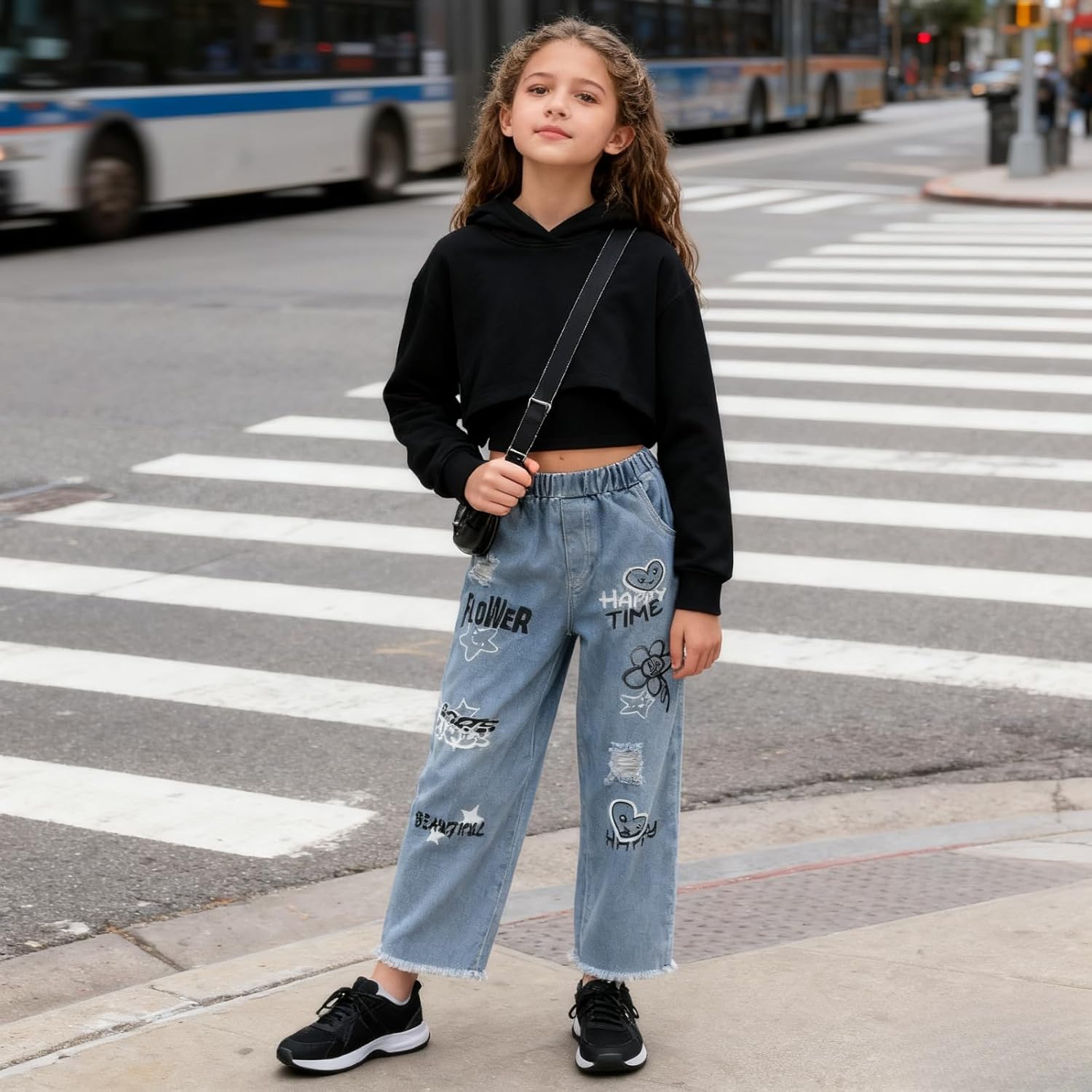 Voxikidio Size 5-10 Years Girls 3PCS Fashion Outfits Set - Cropped Hoodie + Cami Top + Printed Jeans 3-Piece Set