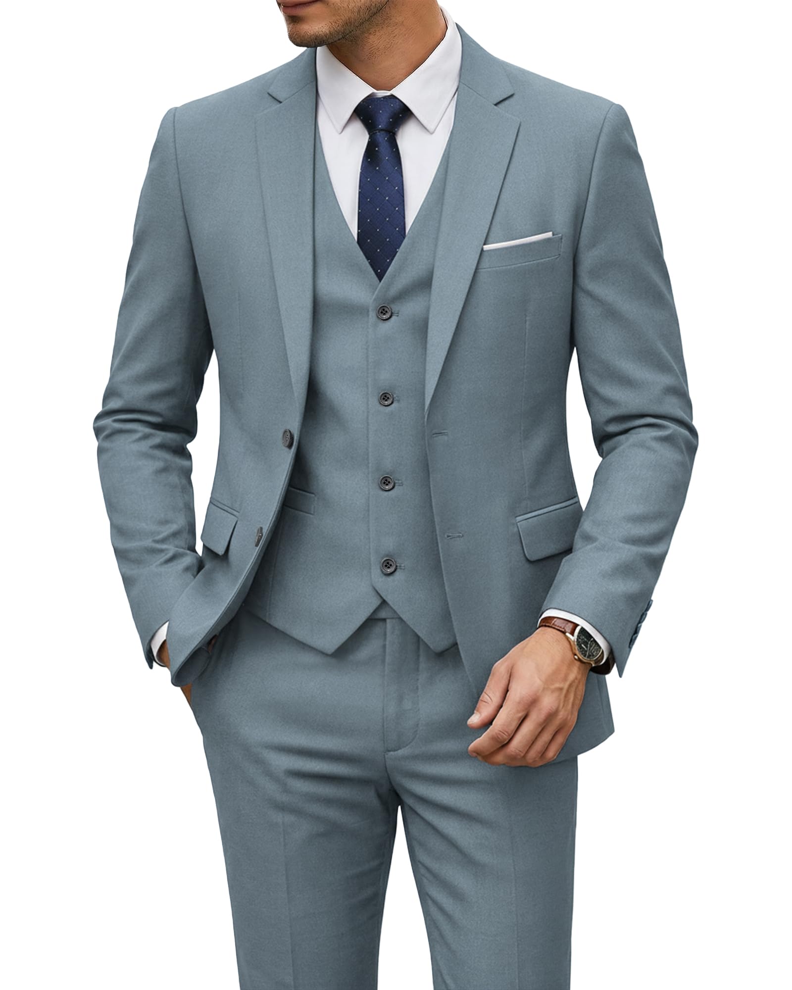 YND Men's 3 Piece Suit Set with Tie, 2 Button Slim Fit Solid Blazer Jacket Vest Pants, Business Wedding Party Suits for Men-5