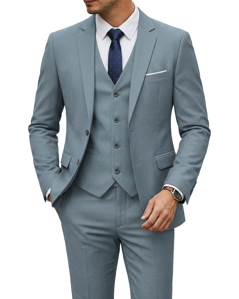 YND Men's 3 Piece Suit Set with Tie, 2 Button Slim Fit Solid Blazer Jacket Vest Pants, Business Wedding Party Suits for Men-5