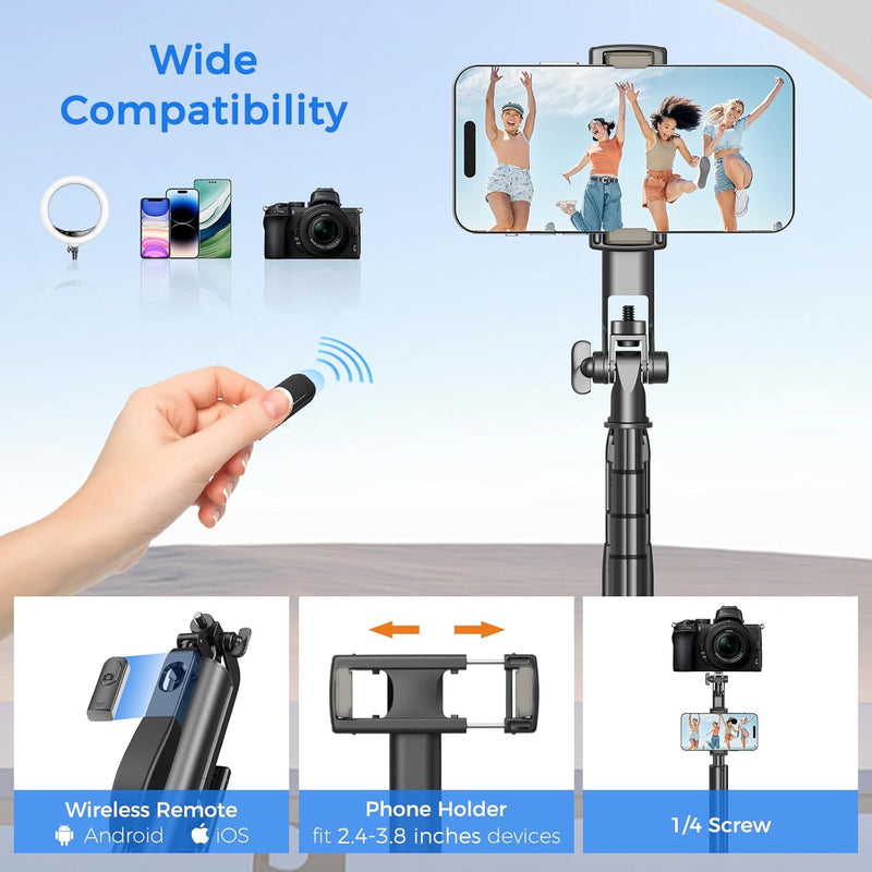 Selfie Stick Travel Tripod for Cell Phone with Remote Control and Phone Holder, Extendable Selfie Stick for iPhone, iPhone Tripod for Video Recording, 72 Inch, Black