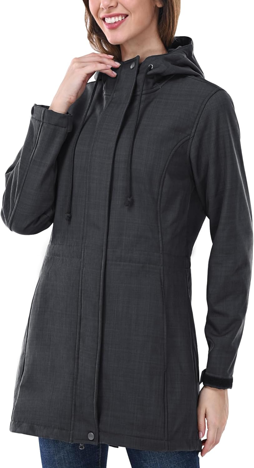 Outdoor Ventures Women's Lightweight Waterproof Fleece Lined Hooded Softshell Rain Jacket, Warm Windbreaker Long Coat-21