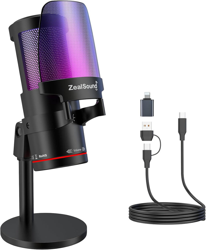 ZealSound Gaming USB Microphone, Noise Cancellation Condenser mic with RGB Light, Touch Mute, Gain, Monitoring for Streaming, Podcast, Twitch, YouTube, Discord, iPhone, iPad, Computer, PS4, PS5, Mac