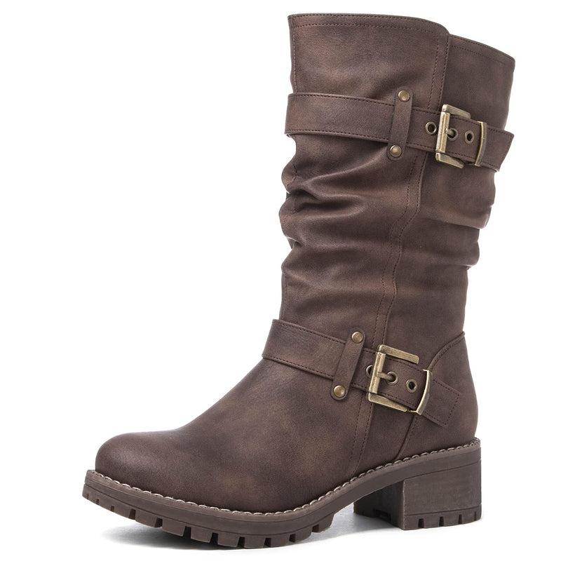 GLOBALWIN Women's Mid Calf Moto Boots With Buckle Straps