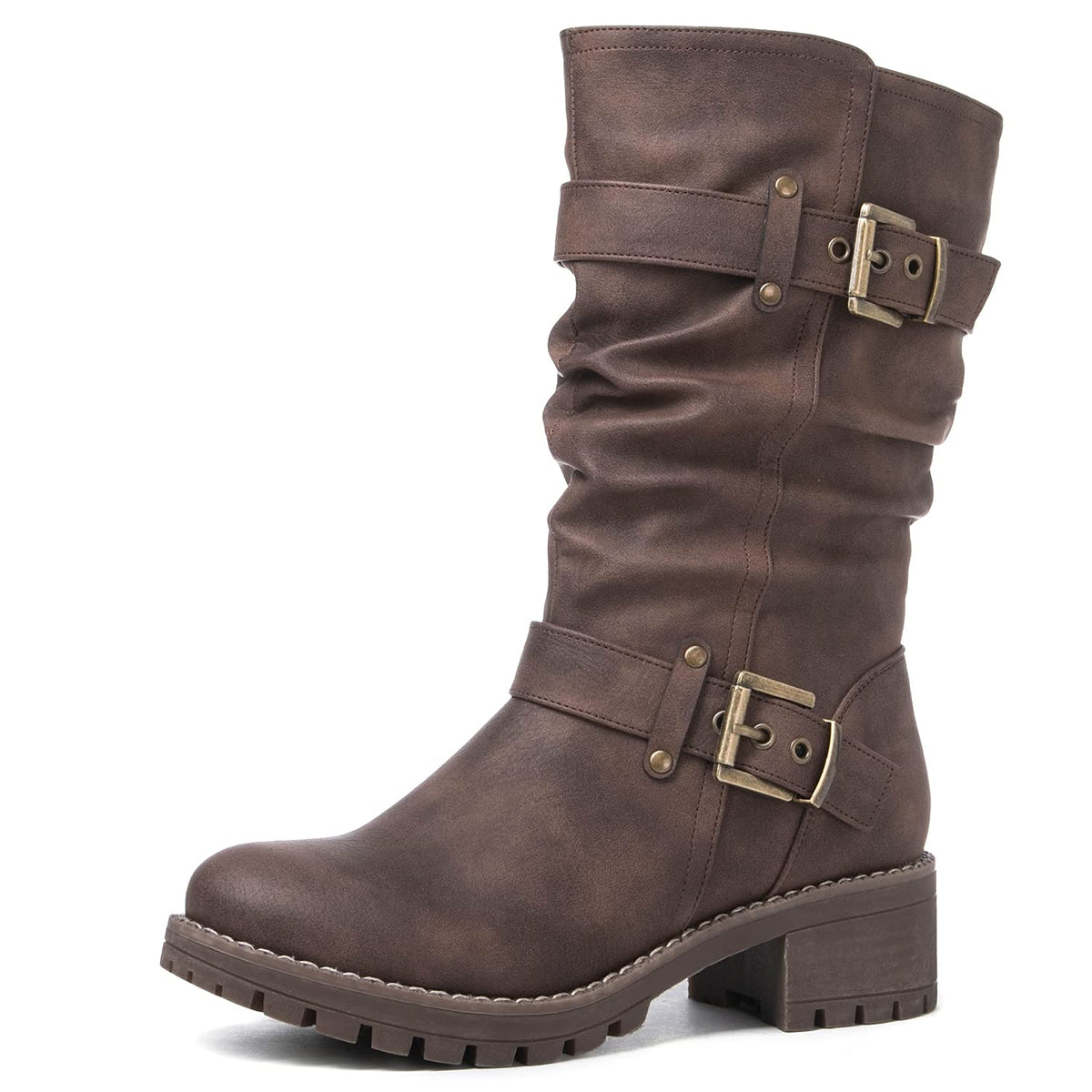 GLOBALWIN Women's Mid Calf Moto Boots With Buckle Straps