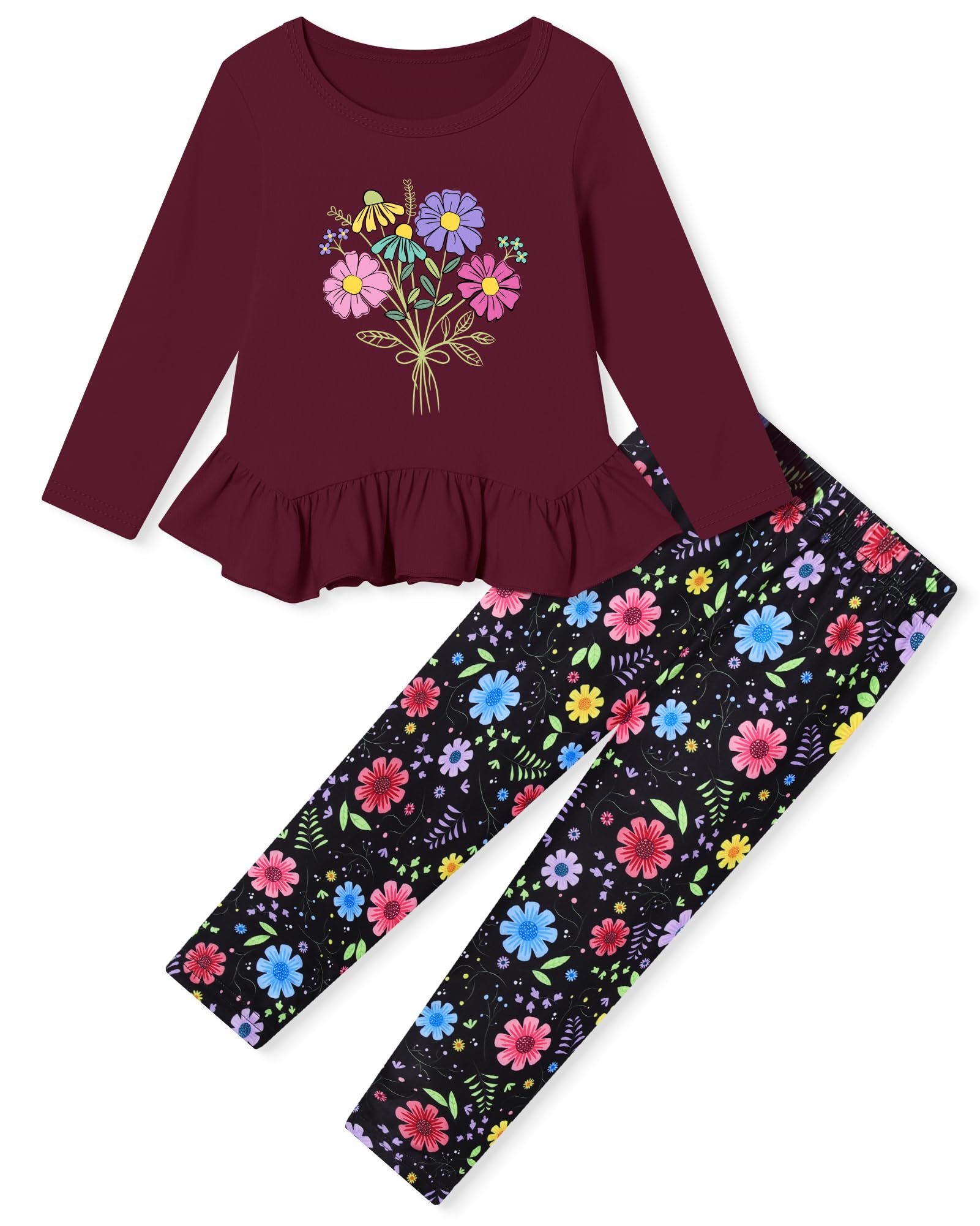 CARETOO Toddler Girl Clothes Girl 2pcs Fall Winter Outfit Ruffle Hem Top and Full-print Patterned Pants 2-7 Years