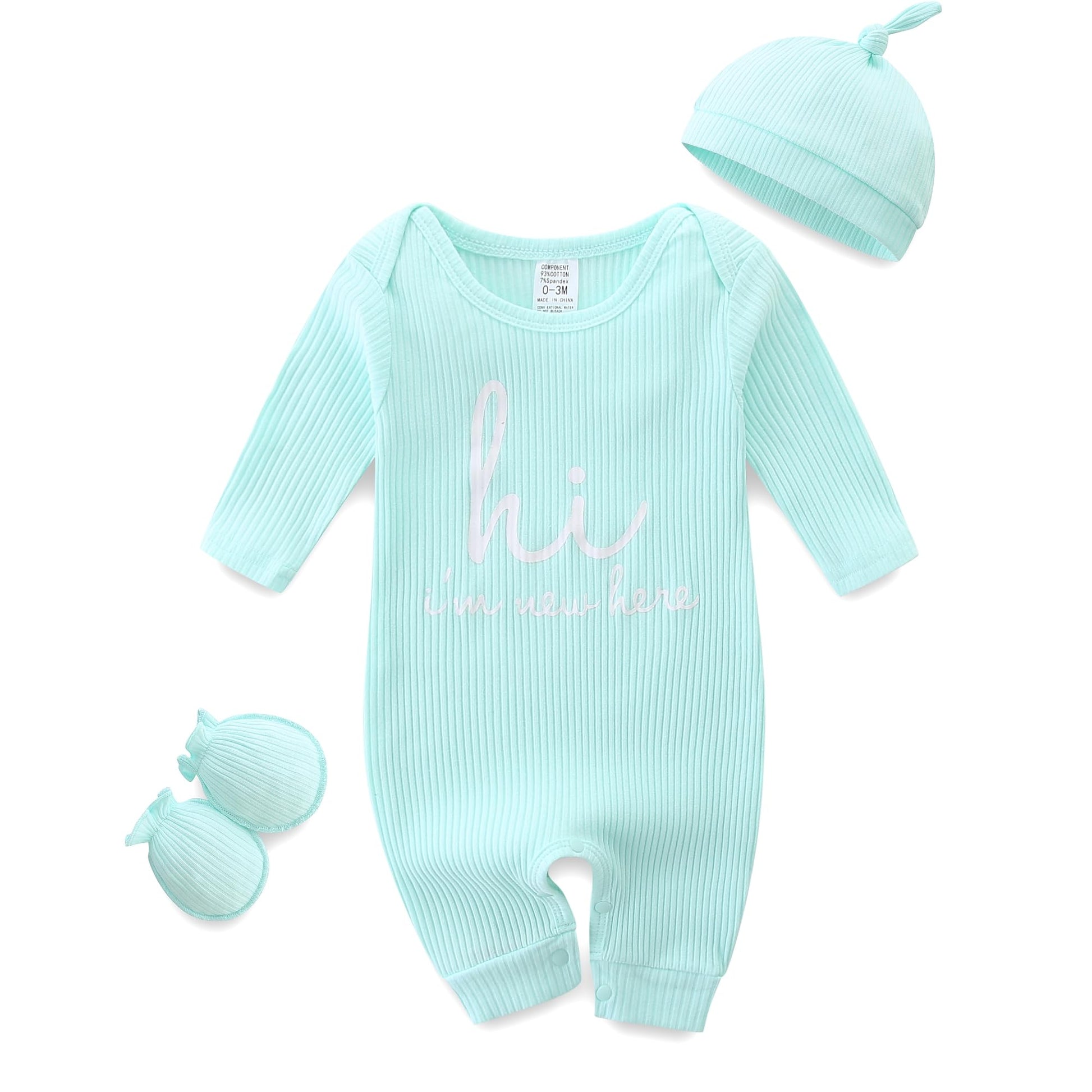 Baby Romper with Baby Mittens & Newborn Hats Footless Long Sleeve Solid Onesie Hi Im New Here-7