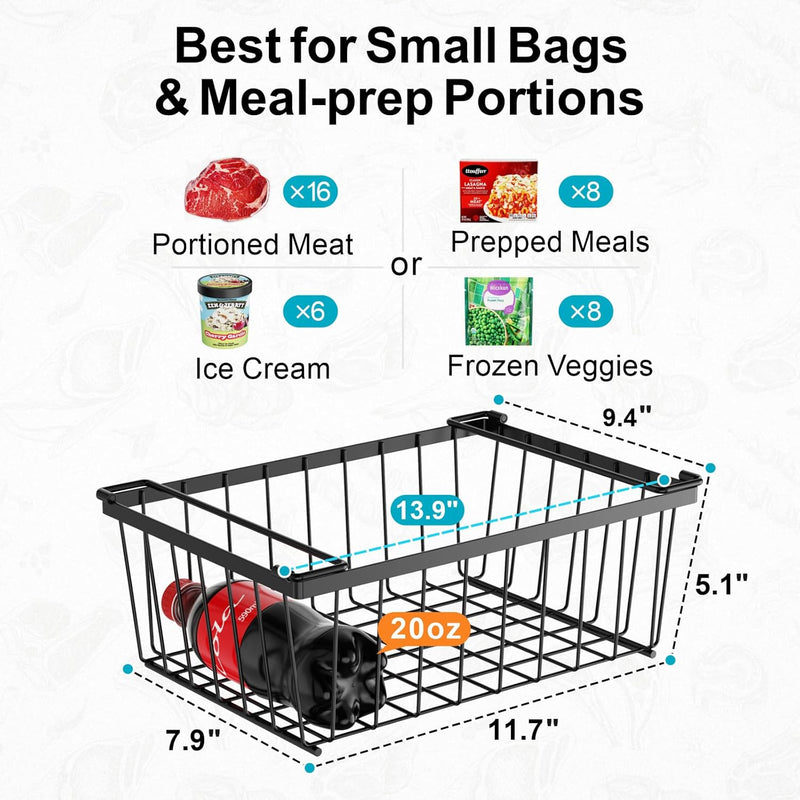 iSPECLE Freezer Organizer Bins - Storage Baskets for 5 Cu.Ft, 4 Pack | Easy Food Access, Stackable Wire Storage, Vertical Space for Frozen Food, Sorts Meat, Vegetables and Bagged Items, Home