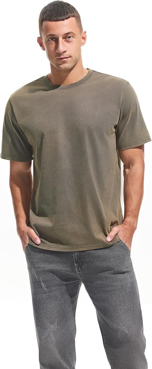 VEIISAR Men's Heavy Weight Crew Neck 100% Cotton T-Shirt - 250g/m² Thick Distressed Washed T-Shirts for Men