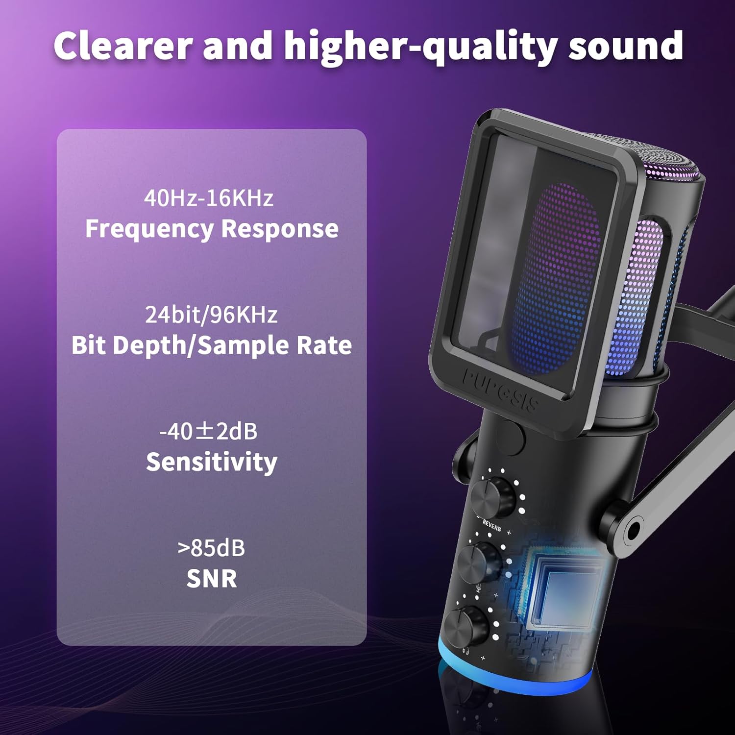 PUPGSIS Gaming Microphone for PC, USB Condenser Mic for PS4/5 and Mac, Noise Cancellation Computer Mic with Mute, Reverb, Adjustable Boom Arm, Pop Filter for Streaming/Podcasting/Recording/YouTube