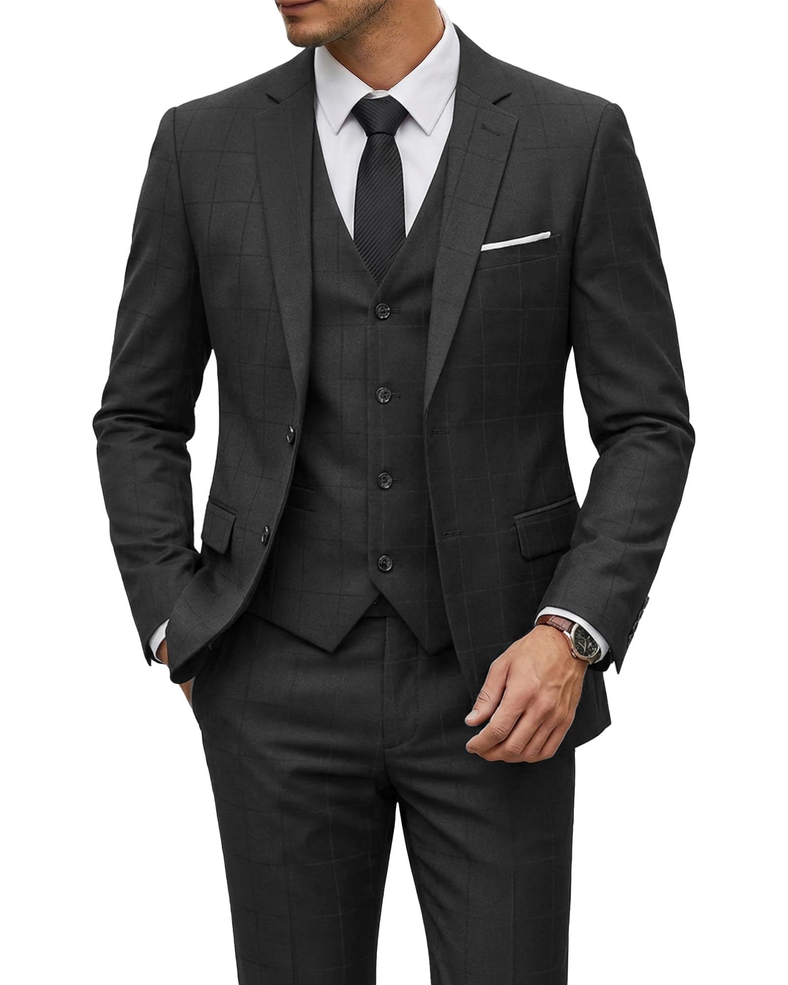 YND Men's 3 Piece Suit Set with Tie, 2 Button Slim Fit Solid Blazer Jacket Vest Pants, Business Wedding Party Suits for Men-63