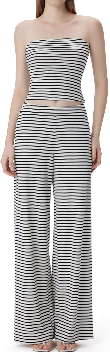 SUUKSESS Women 2 Piece Lounge Set Tube Top Wide Leg Pants Matching Sets Beach Vacation Outfits-2