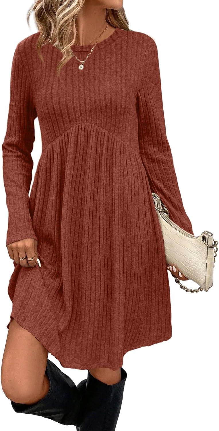 OFEEFAN Long Sleeve Dress for Women Crew Neck Empire Waist Tunic Dress with Pockets-30