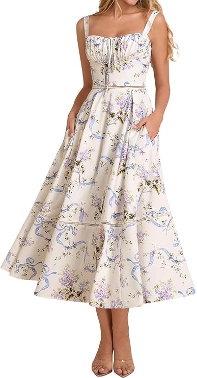 KUTUMAI Women's Lace Up Floral Corset Midi Dress, White Lilac Floral, S