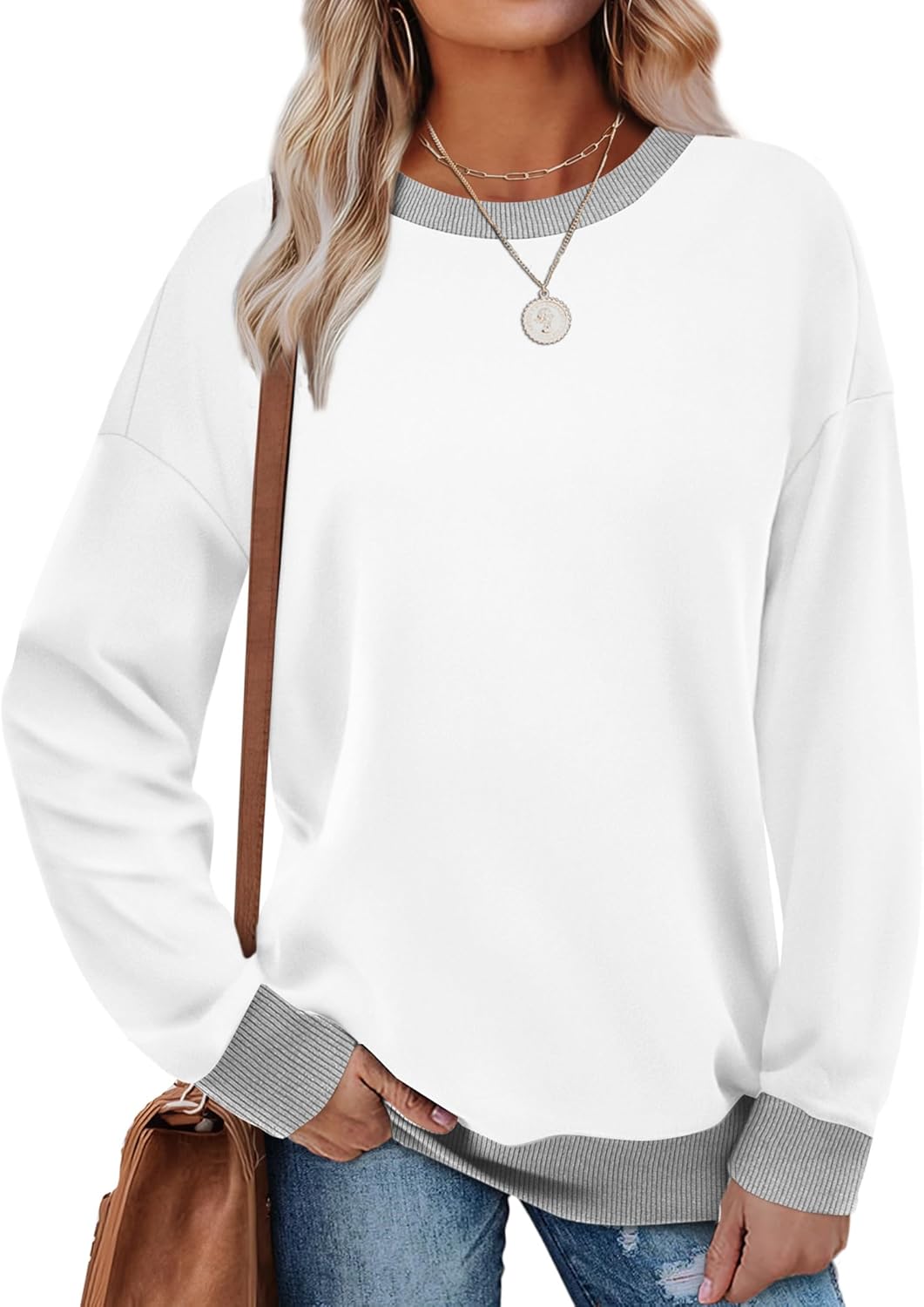 Saloogoe Sweatshirts for Women Crewneck Long Sleeve Loose Fit Tops Color Block Ribbed Trim Fashion 2025-13