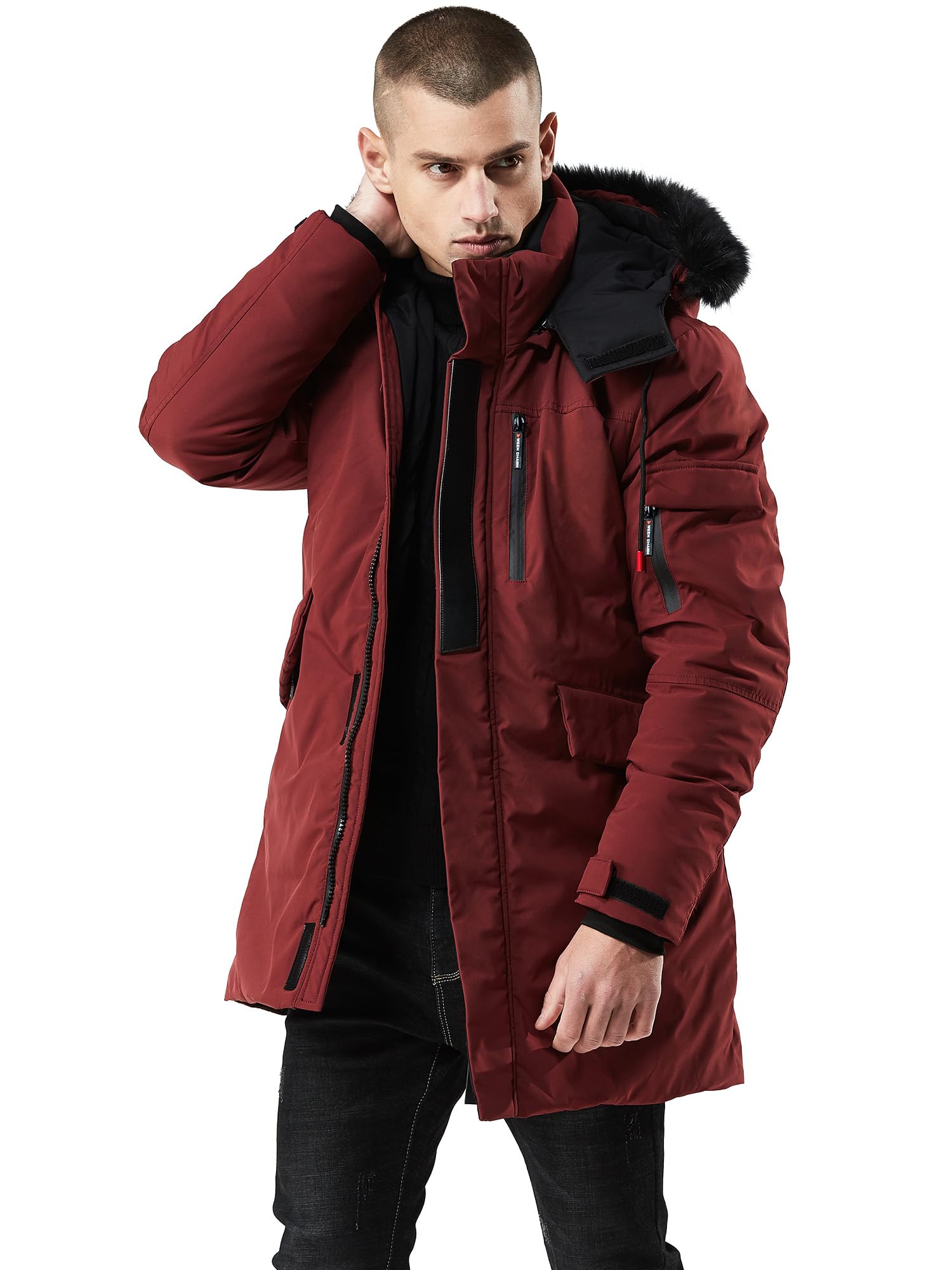 WEEN CHARM Men's Warm Parka Ski Jacket Water Resistant Puffer Jacket Long Winter Coat with Removable Faux Fur Hood