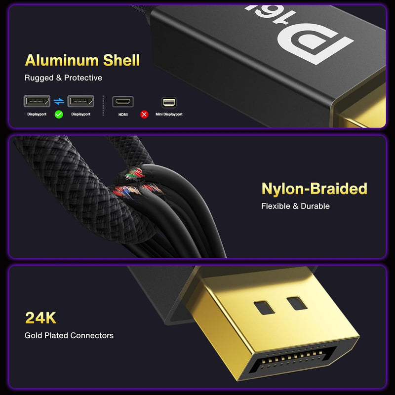 IVANKY 80Gbps Displayport Cable 2.1, 16K DP Cord [16K@60Hz,8K@120Hz,4K@240Hz], Display Port 2.1 Cable Support HDR10, HDCP, DSC 1.2a, for 5090,7900Graphics/PC/TV/Gaming Monitor, 6.6FT