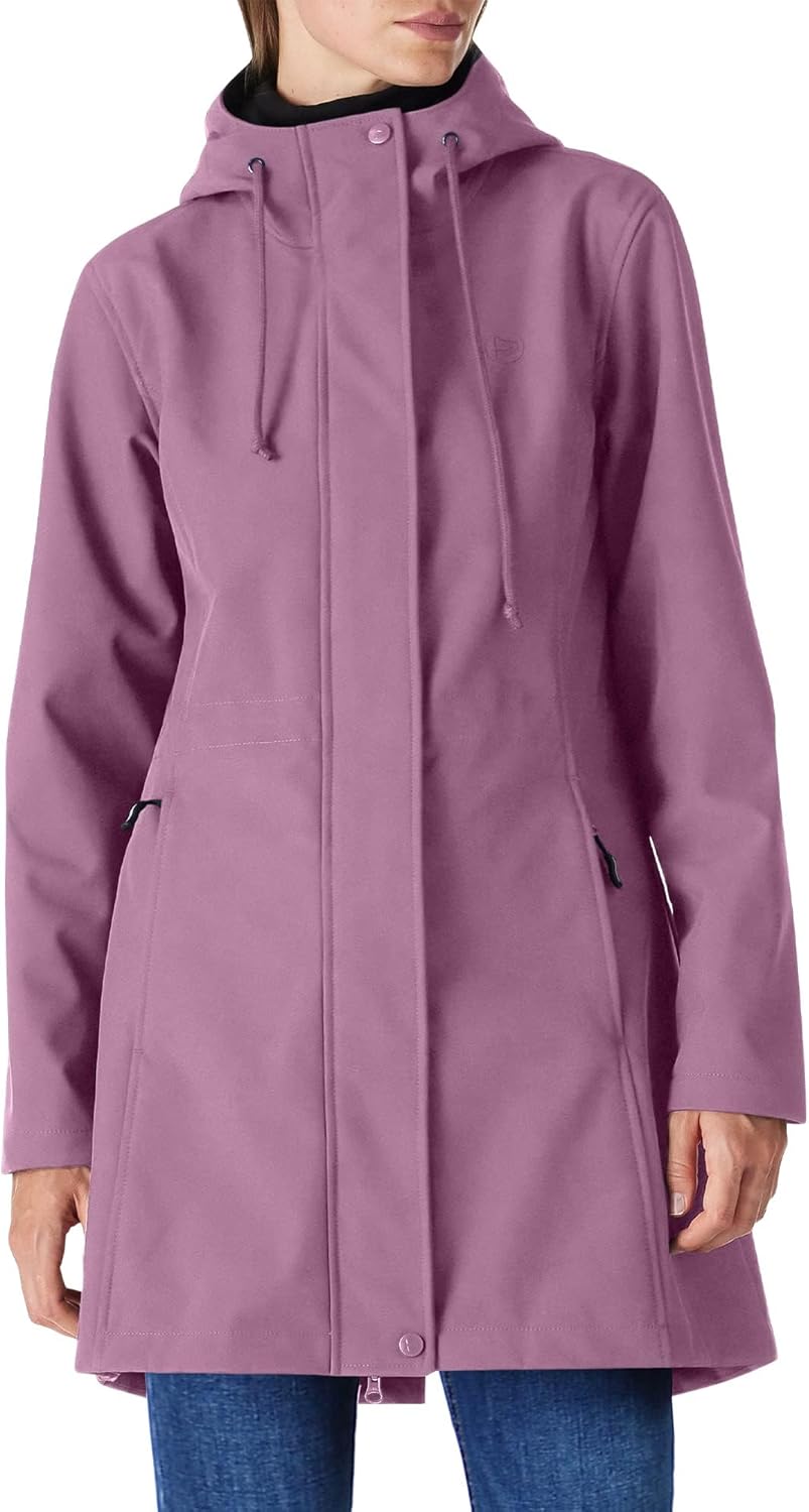 Outdoor Ventures Women's Lightweight Waterproof Fleece Lined Hooded Softshell Rain Jacket, Warm Windbreaker Long Coat-65