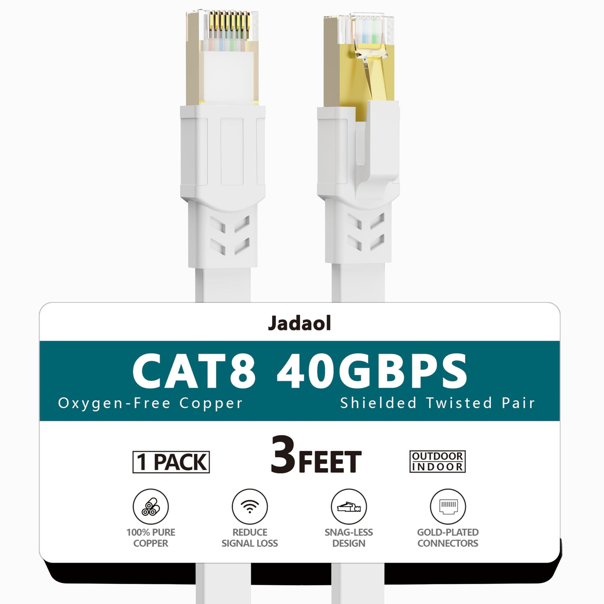 Jadaol Cat 8 Ethernet Cable 25 ft, 40Gbps 2000MHz Flat RJ45 S/FTP LAN Patch Cable, High-Speed Cat8 Network Cable for Router, Modem, Switch, Gaming Consoles, PC, Home Network & Streaming Devices, White