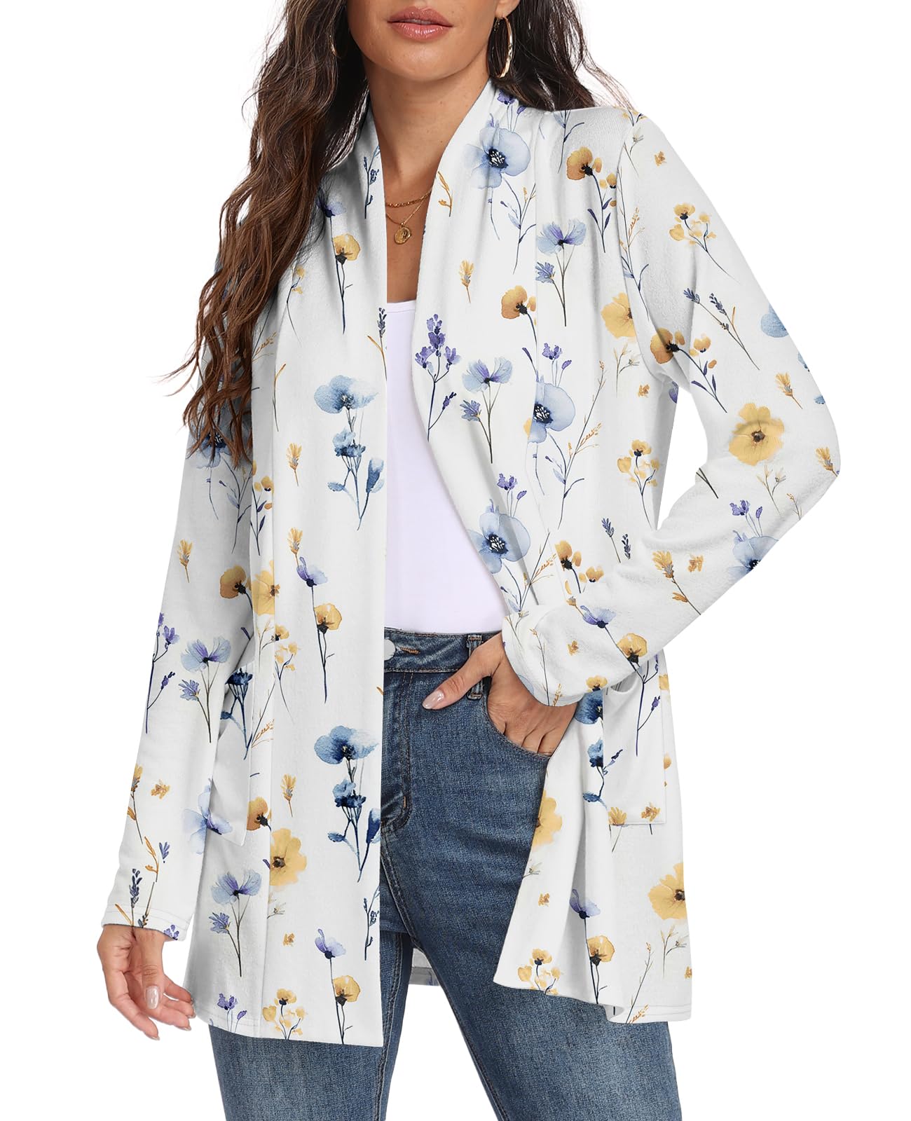 Womens Long Sleeve Lightweight Cardigan Open Front Casual Draped Cardigans with Pockets-6