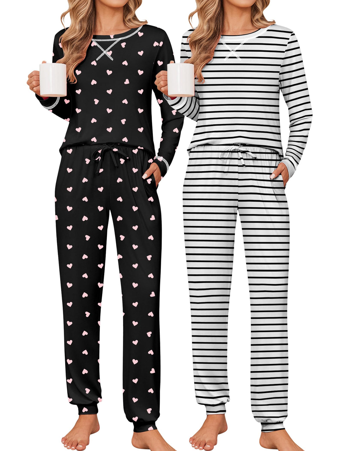 Ekouaer 2 Pack Pajama Sets for Women Long Sleeves Lounge Set Jogger Pants