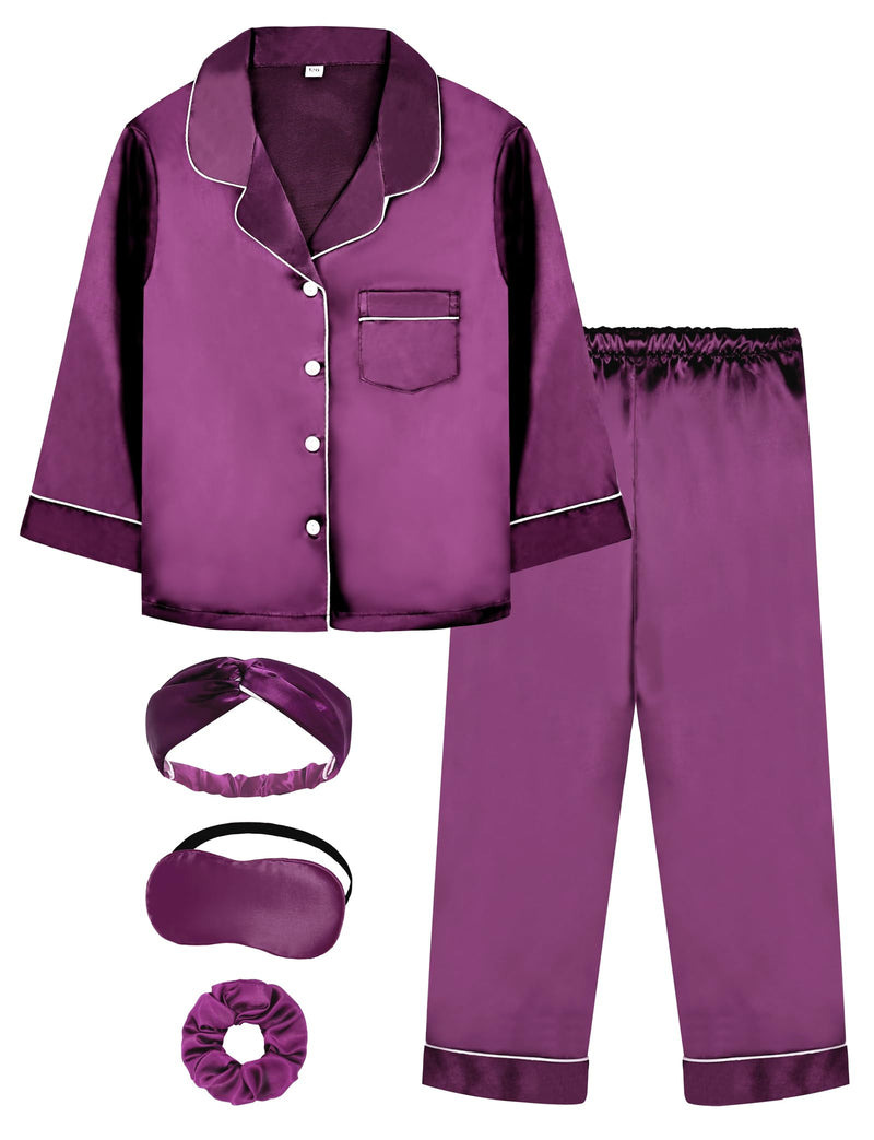 EPLAZA Kids Satin Pajamas Sets Girls Boys Button-Down Silky Pajamas Sleepwear with Hairband Eye Mask Hair Tie