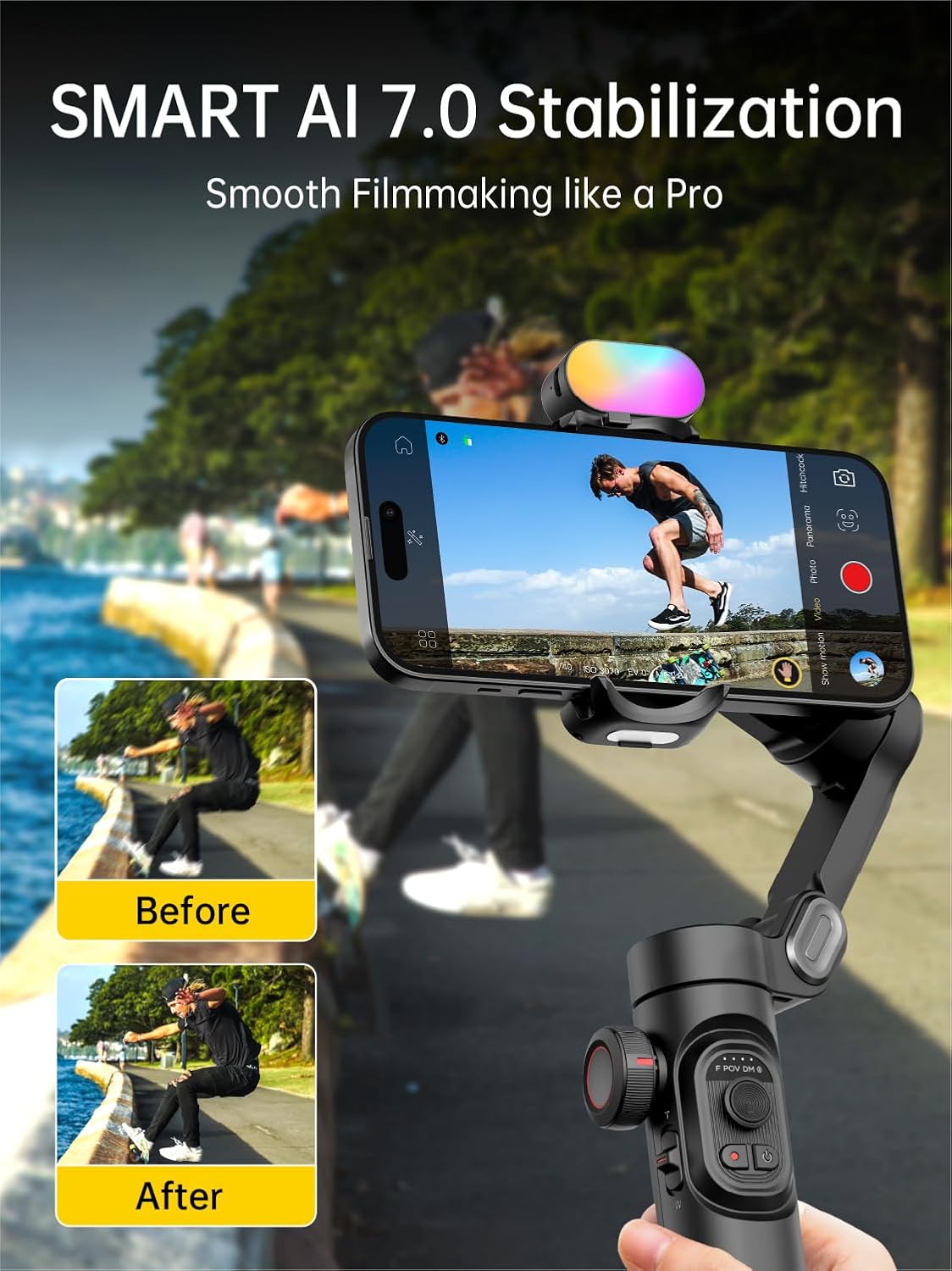 AOCHUAN Phone Gimbal Stabilizer 3-Axis Smartphone Foldable Handheld Gimbal for iPhone with Focus Wheel TikTok YouTube Vlog Stabilizer for iPhone17 16 15 14 13 Pro Max Android-Smart XE