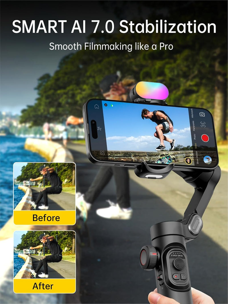 AOCHUAN Phone Gimbal Stabilizer 3-Axis Smartphone Foldable Handheld Gimbal for iPhone with Focus Wheel TikTok YouTube Vlog Stabilizer for iPhone17 16 15 14 13 Pro Max Android-Smart XE