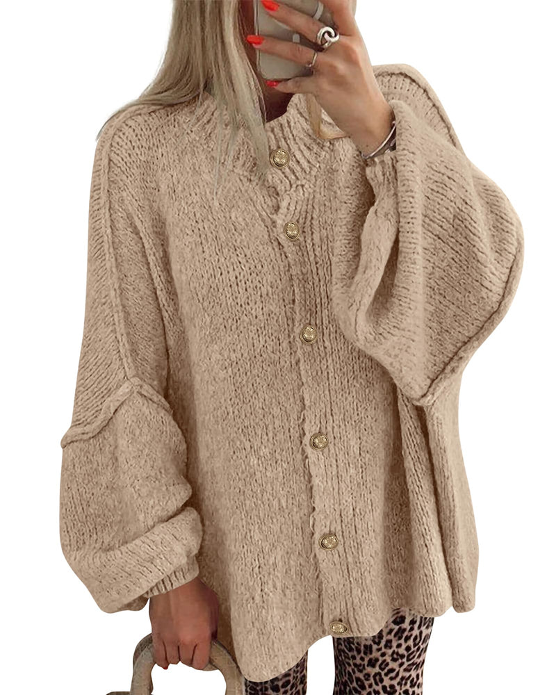 BTFBM Cardigan Sweaters for Women 2026 Fall Clothes Lantern Long Sleeve Button Open Front Chunky Knit Oversized Sweater-37