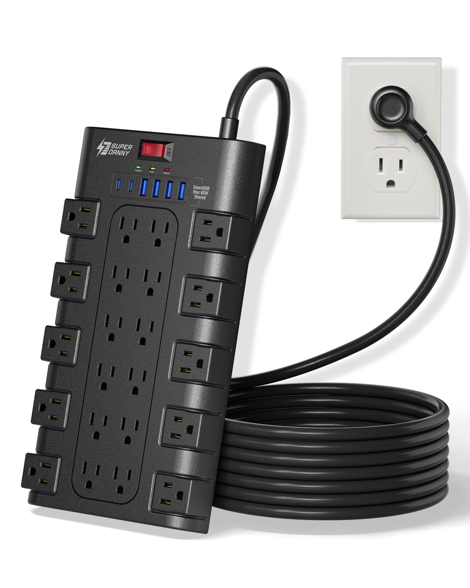 Power Strip, SUPERDANNY Surge Protector with 22 AC Outlets and 6 USB Charging Ports, 1875W/15A, 2100 Joules, 6.5Ft Flat Plug Heavy Duty Extension Cord for Home, Office, Dorm, Gaming Room, Black