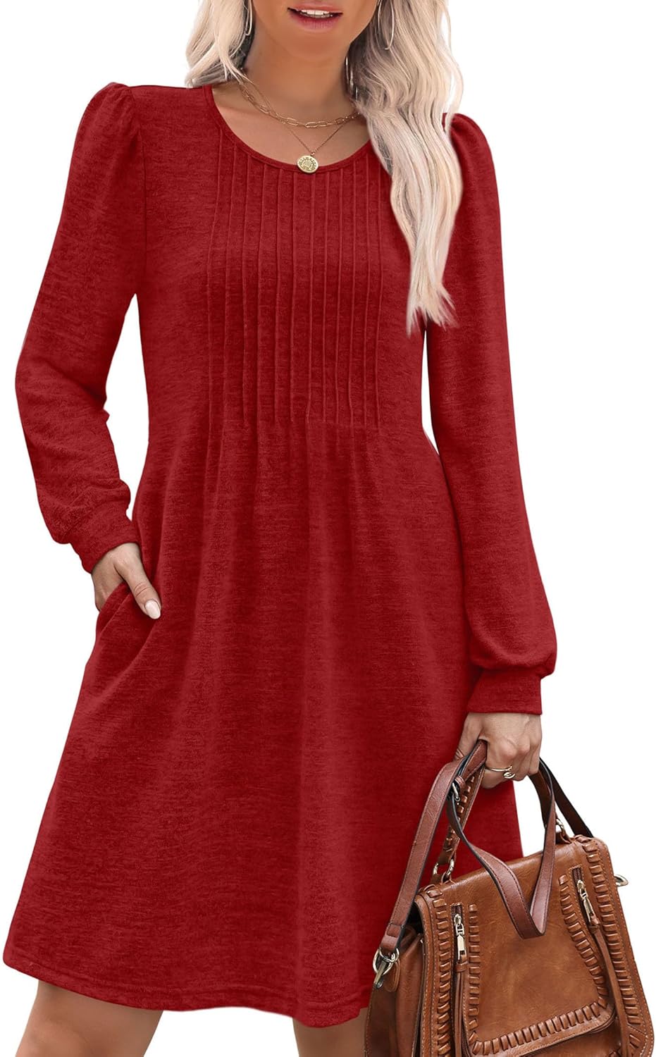 OFEEFAN Long Sleeve Dress for Women Pleated Crew Neck Casual Babydoll Sweater Dress with Pockets Fall Outfits Fashion-20