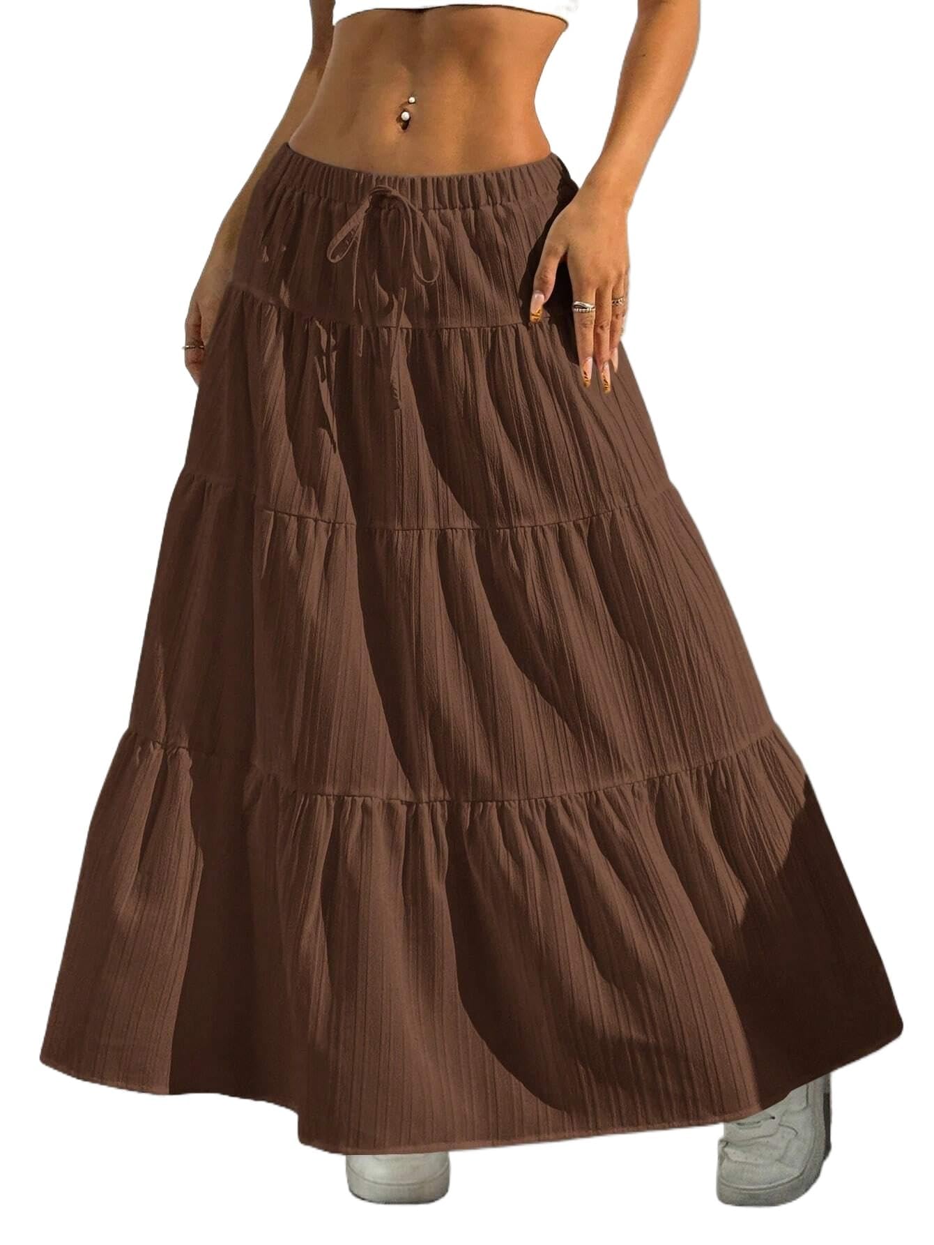 Maxi Skirts for Women Ruffle Hem A Line Long Skirts Elastic Waist Elegant Tiered Layer Boho Long Dress