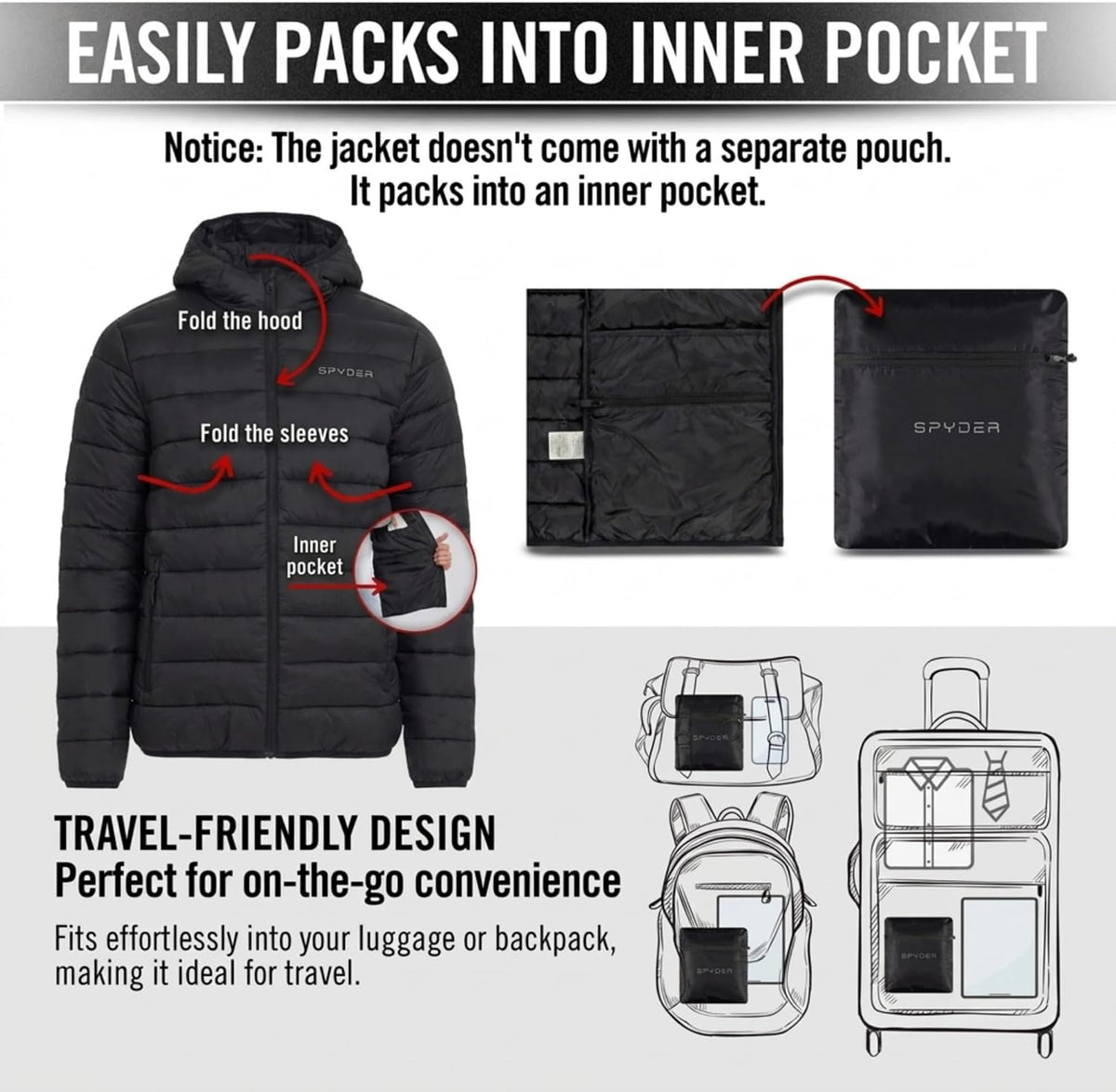 Spyder Puffer Jacket Men - Packable Lightweight Quilted Hooded Winter Coat