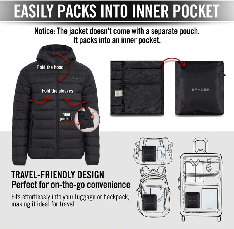 Spyder Puffer Jacket Men - Packable Lightweight Quilted Hooded Winter Coat
