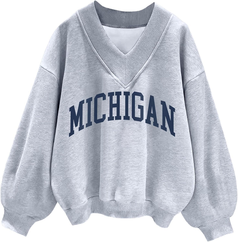 Hilinker Womens V Neck Oversized Sweatshirts Casual Drop Shoulder Long Sleeve Pullover Tops-14