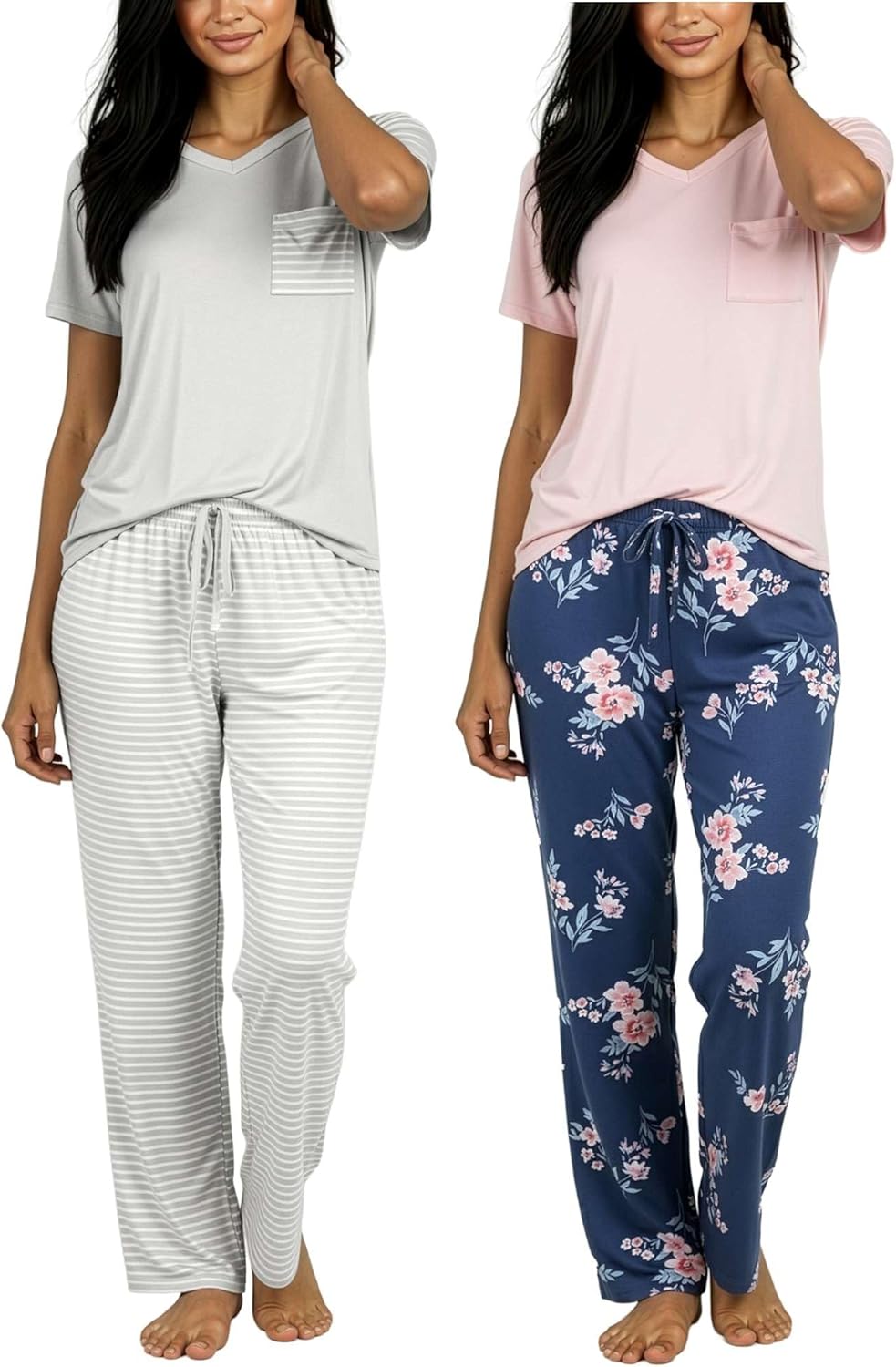 Real Essentials 2 Pack: Women's Comfy Pajama Sets - Short & Long Sleeve Ladies Loungewear Sleepwear PJs (Available In Plus)-31