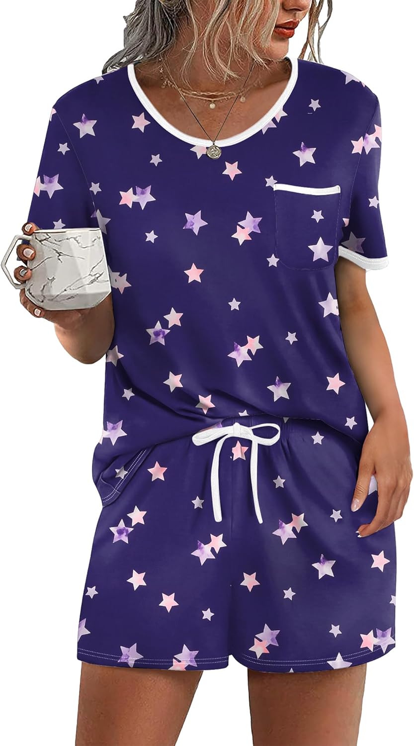 Ekouaer Pajama Set for Women 2 Piece Lounge Set Short Sleeve Tops and Shorts Soft Sleepwear, Chest Pocket-43